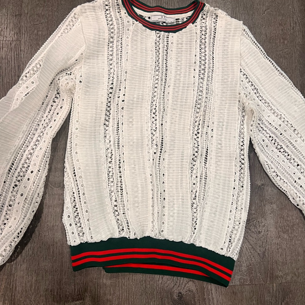 White Lace Sweater with Red and Green Trim